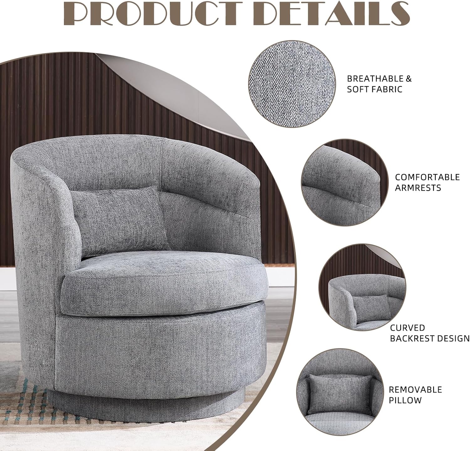 Swivel Barrel Accent Chair with Pillow for Living Room