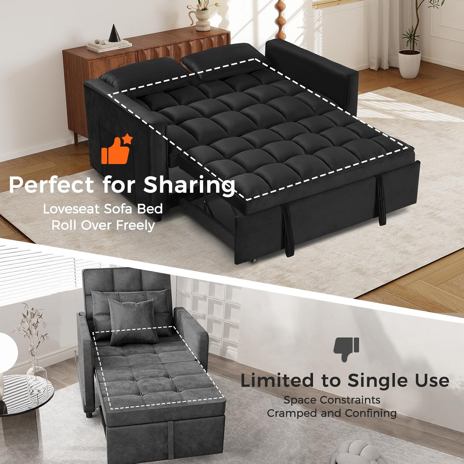 3-in-1 Convertible Sleeper Sofa Bed Velvet Loveseat for Living Room