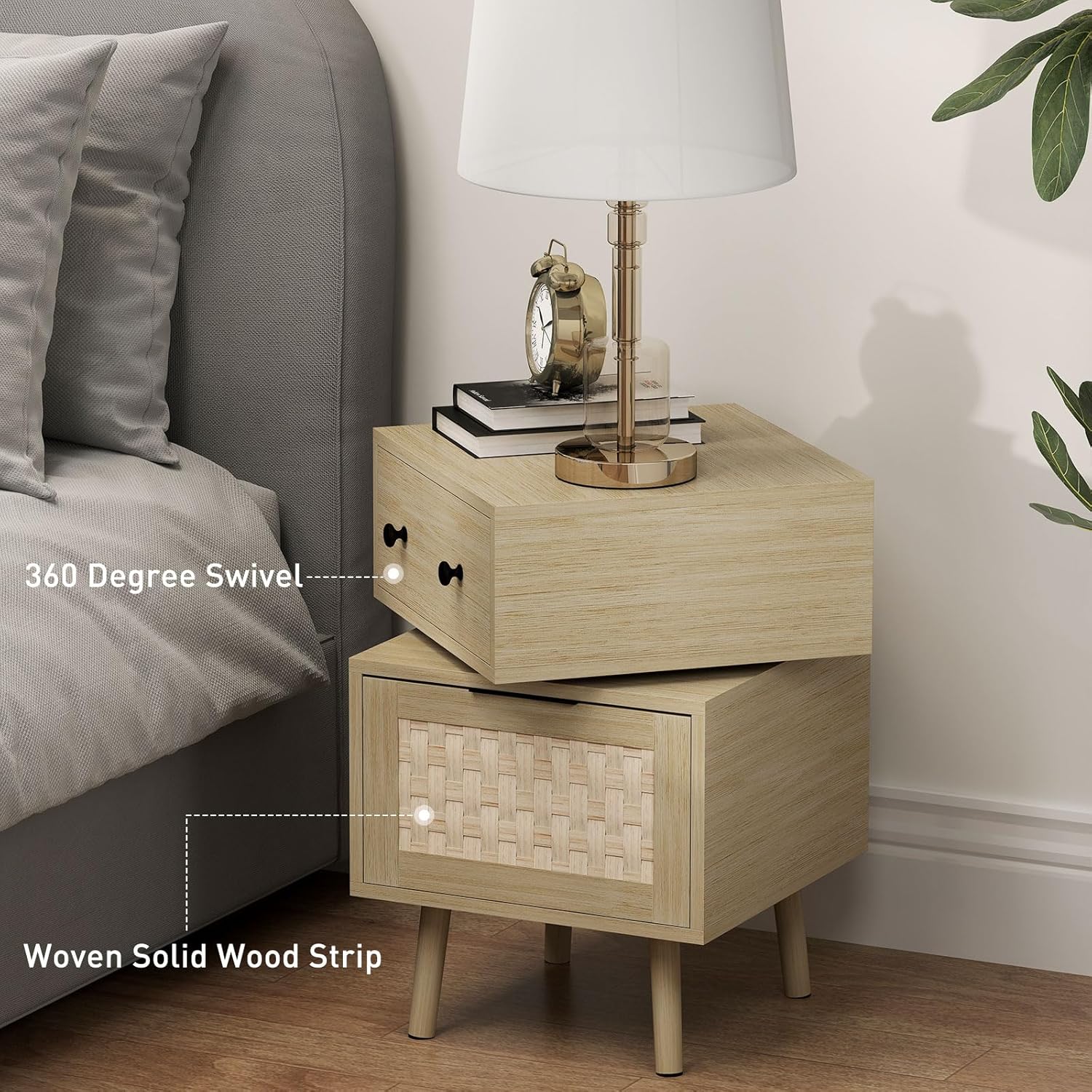 Rotating Nightstand with Storage Cabinet for Bedroom