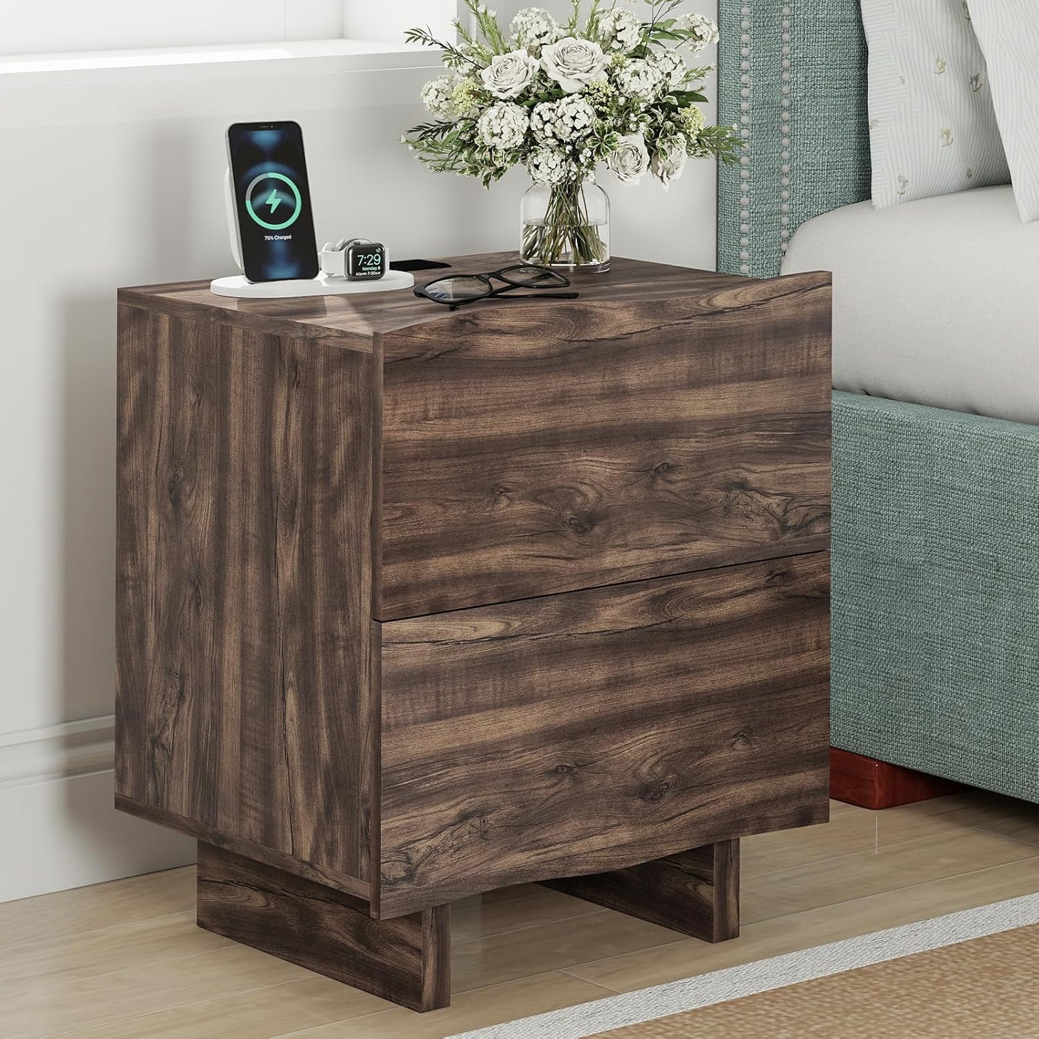 Nightstand with Charging Station and Drawers for Bedroom