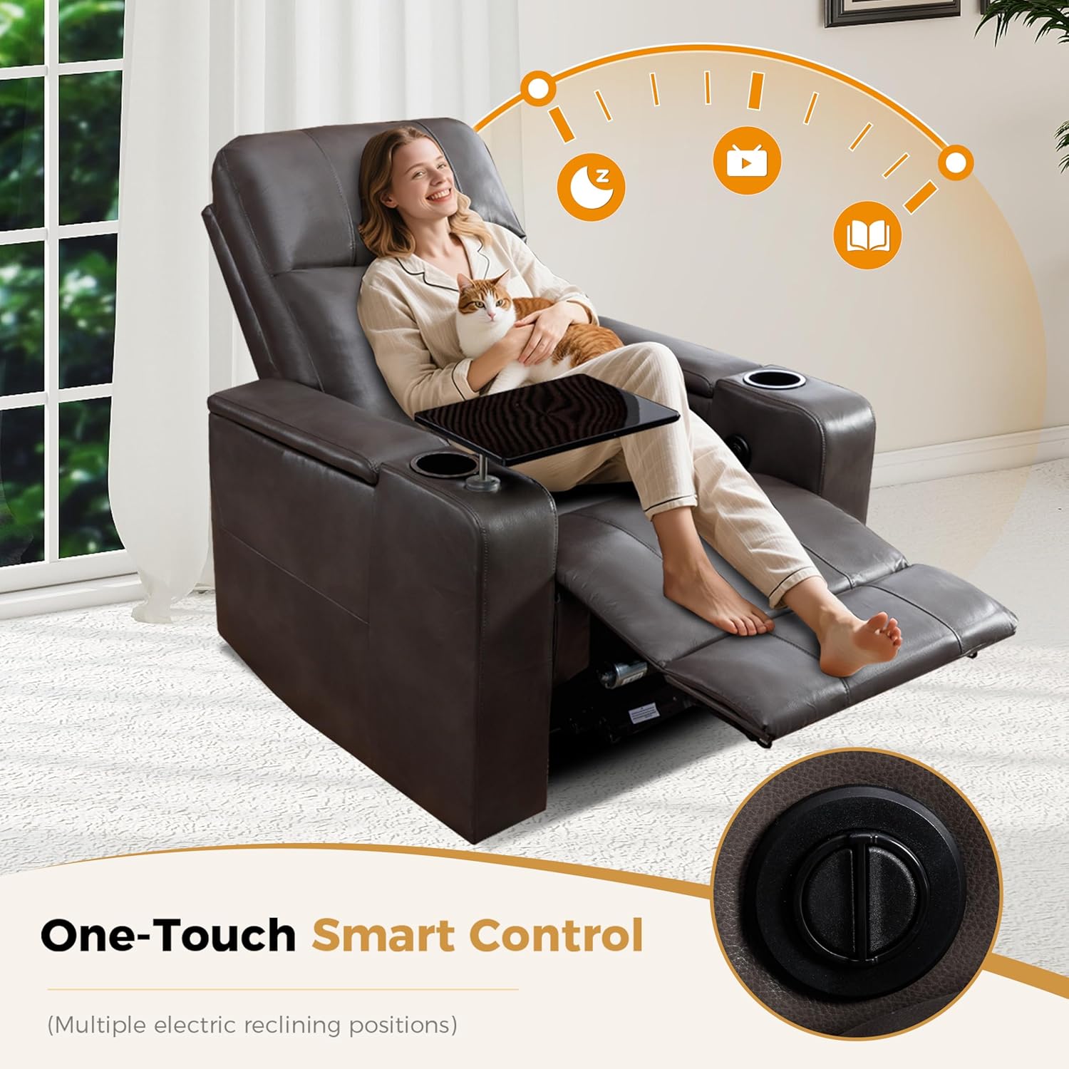 Power Recliner Chair PU Leather with USB and Cup Holders for Living Room