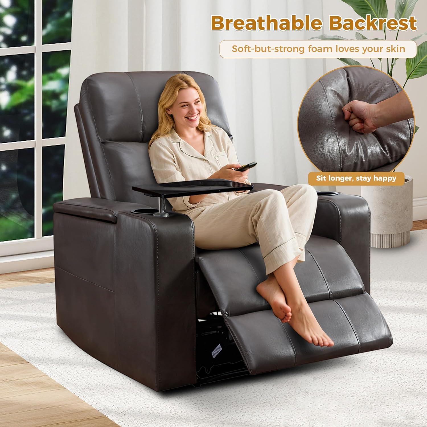 Power Recliner Chair PU Leather with USB and Cup Holders for Living Room