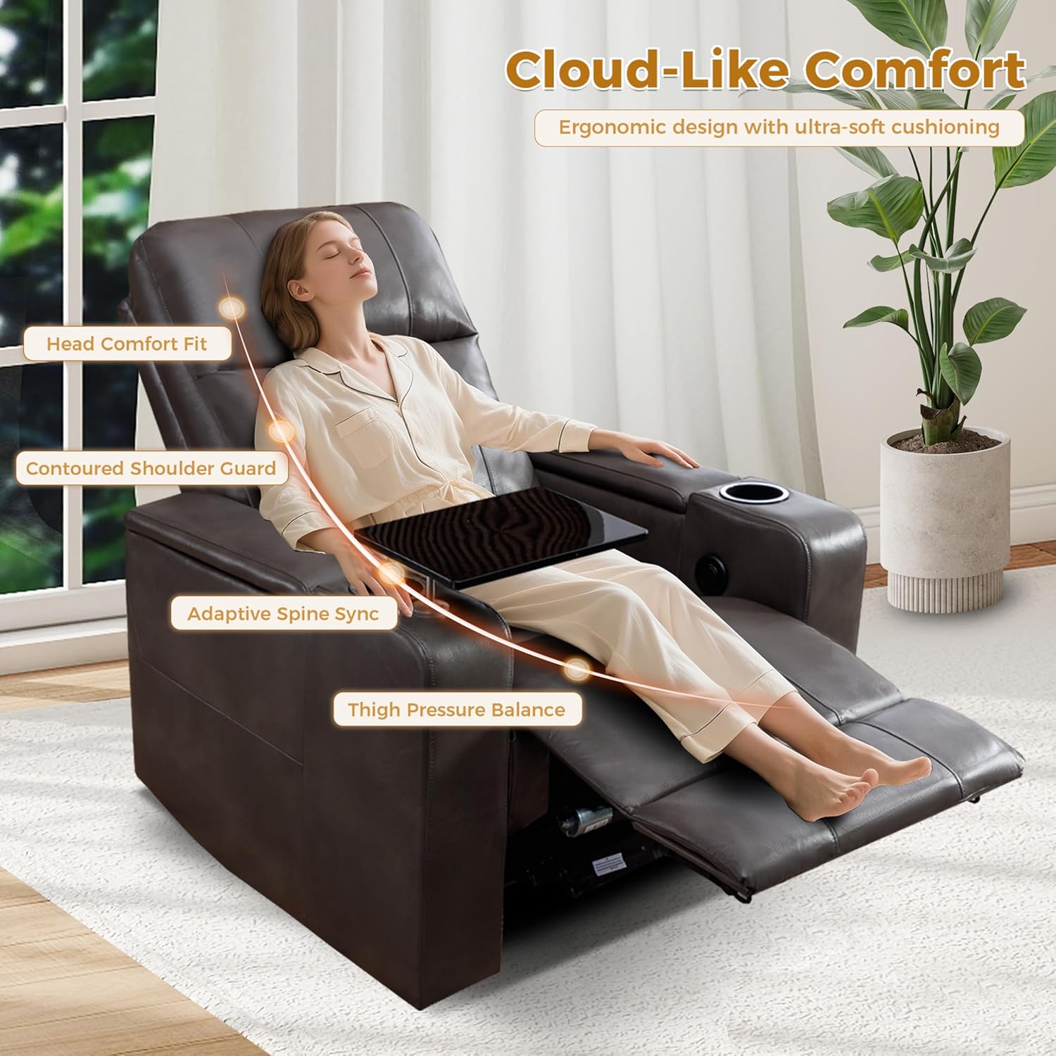 Power Recliner Chair PU Leather with USB and Cup Holders for Living Room