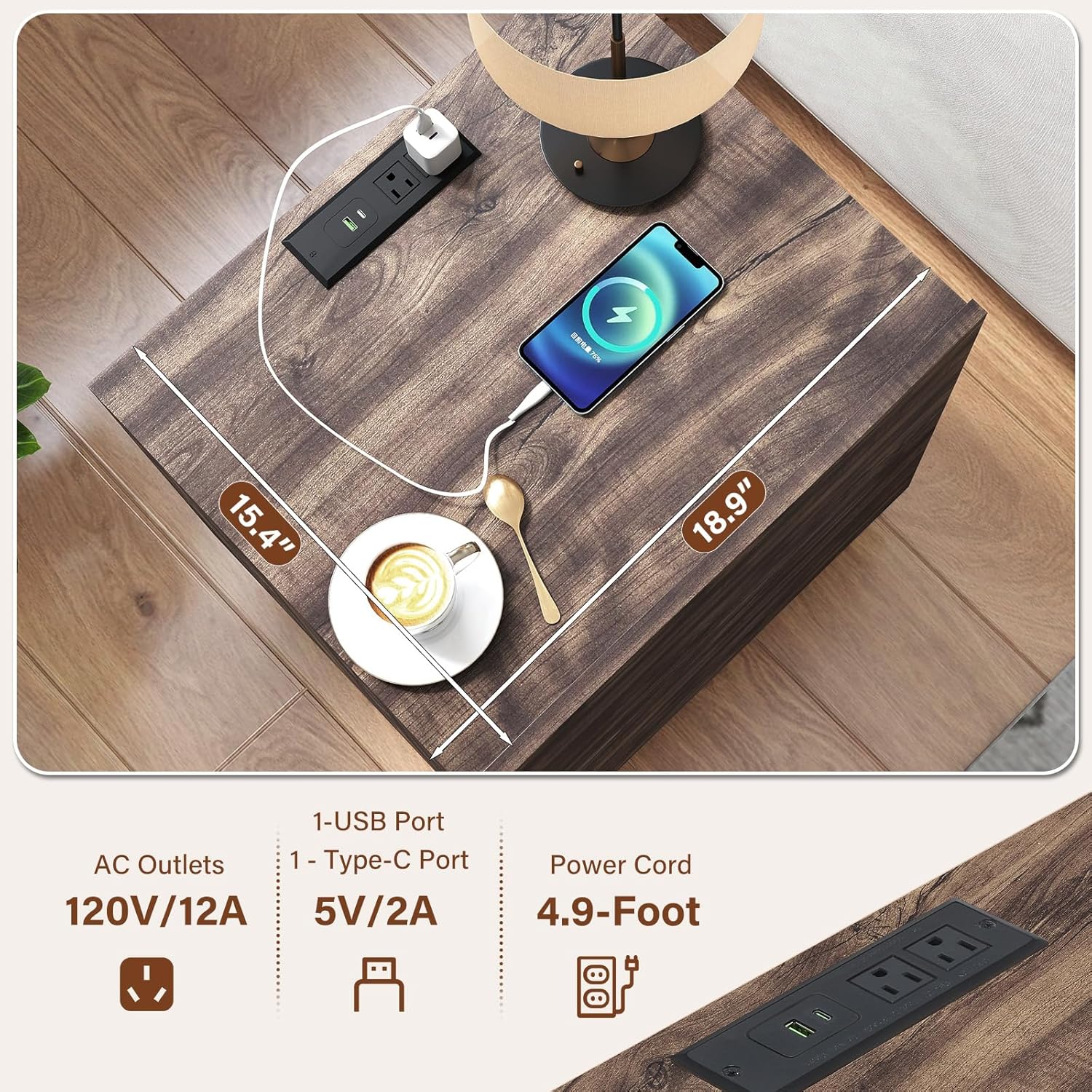 Nightstand with Charging Station and Drawers for Bedroom