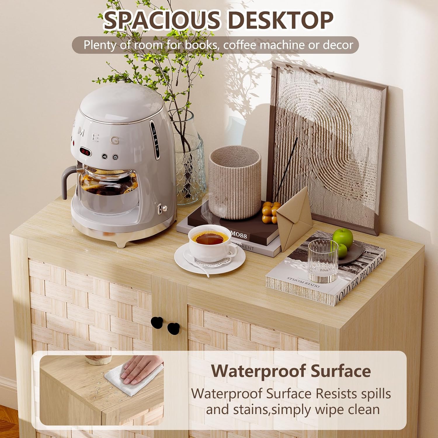 Kitchen Storage Sideboard with Rattan Doors for Living Room
