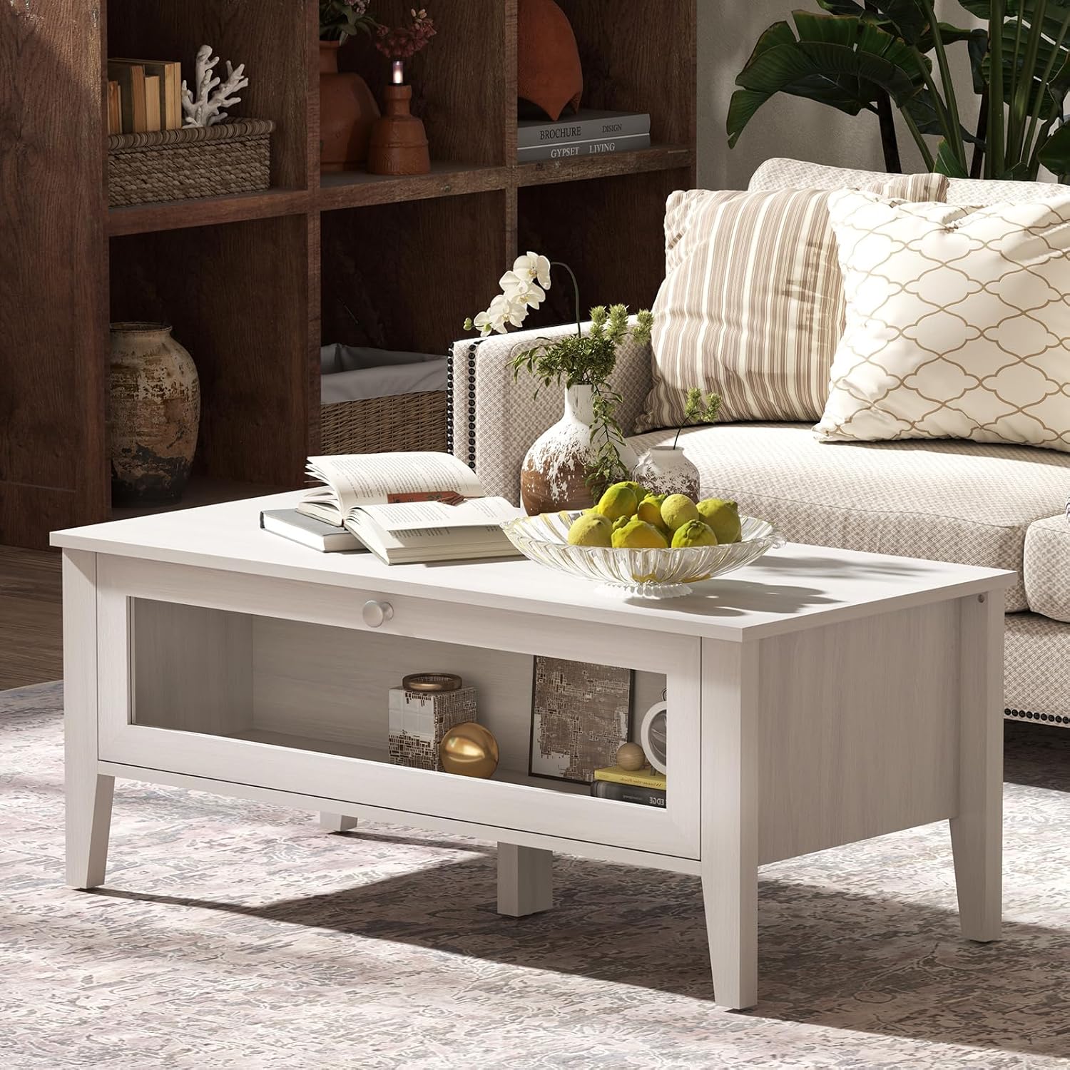 Modern Coffee Table with Glass Door Storage for Living Room