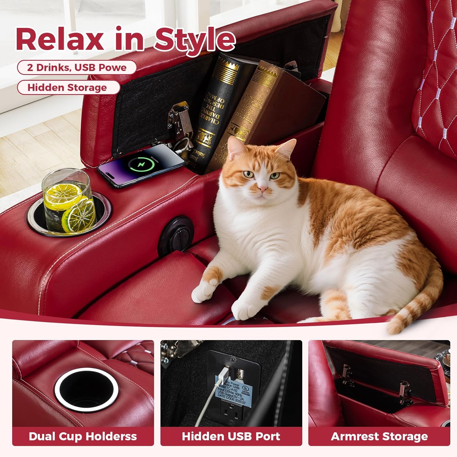 Power Recliner Chair with USB and Cup Holders for Living Room