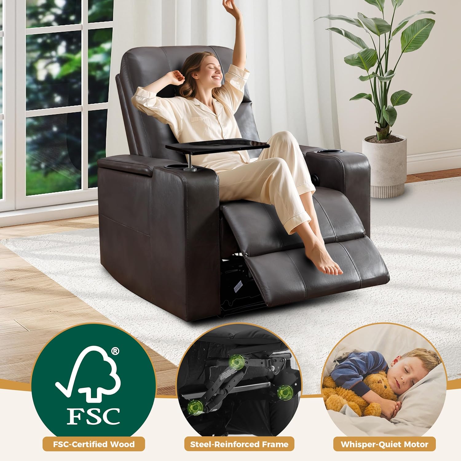 Power Recliner Chair PU Leather with USB and Cup Holders for Living Room