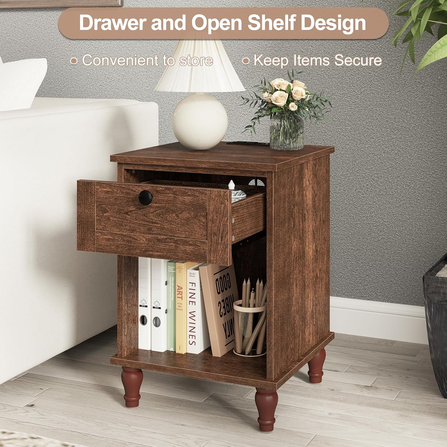 Mid-Century End Table with Drawer for Bedroom
