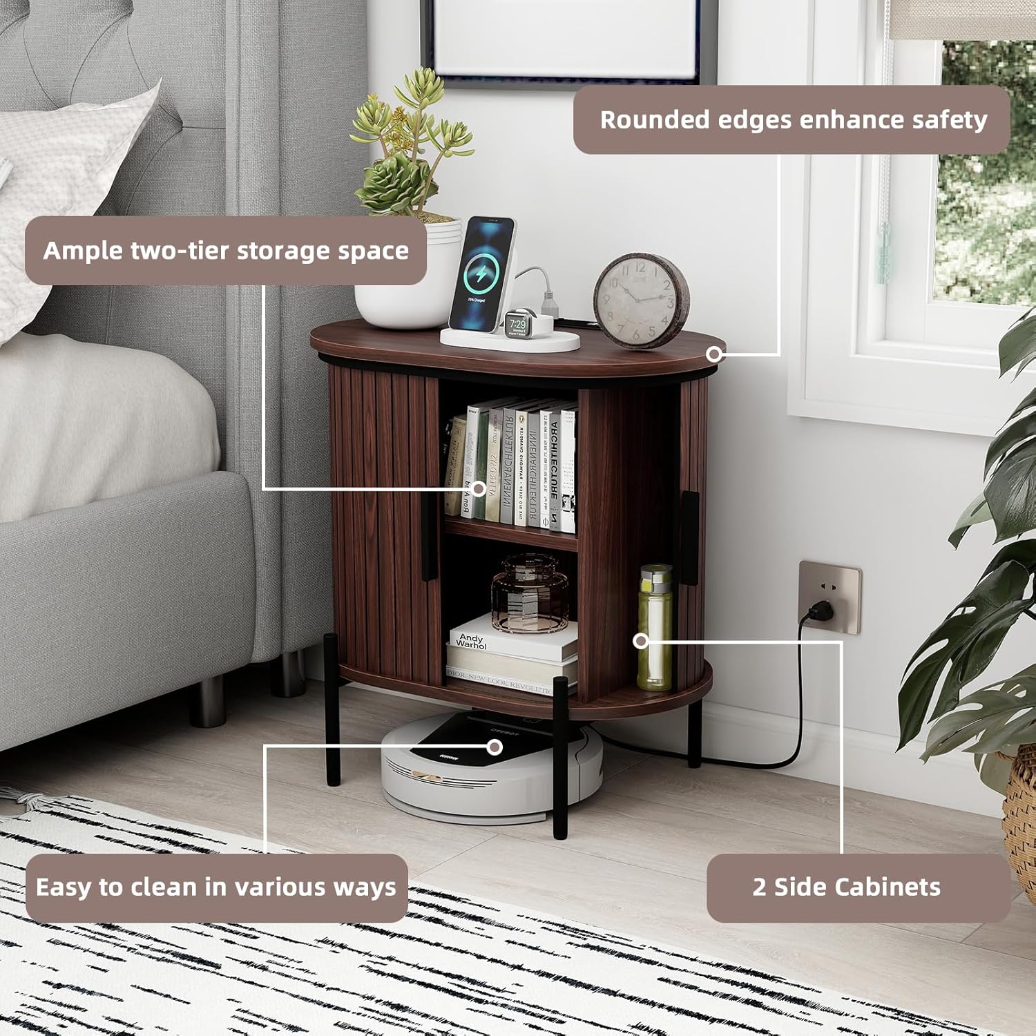 Mid-Century Side Table with Charging Station for Bedroom