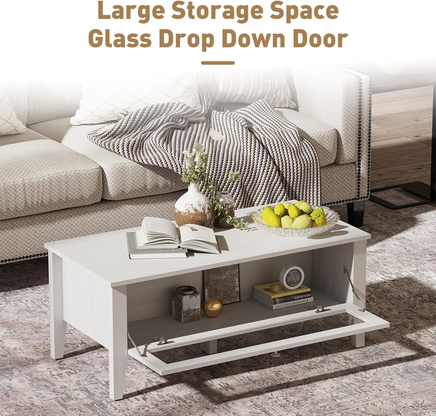 Modern Coffee Table with Glass Door Storage for Living Room