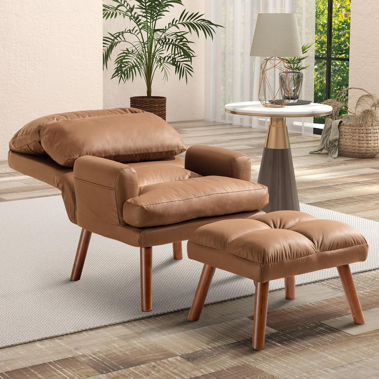 Modern Accent Chair with Ottoman and Adjustable Backrest for Living Room