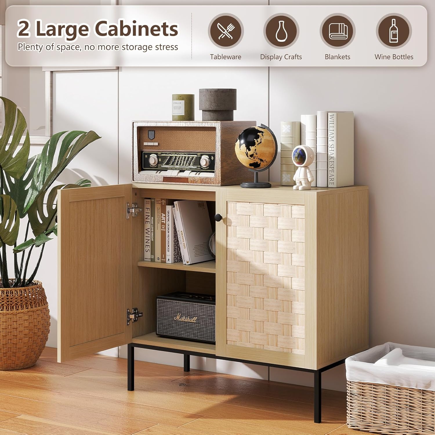 Kitchen Storage Sideboard with Rattan Doors for Living Room