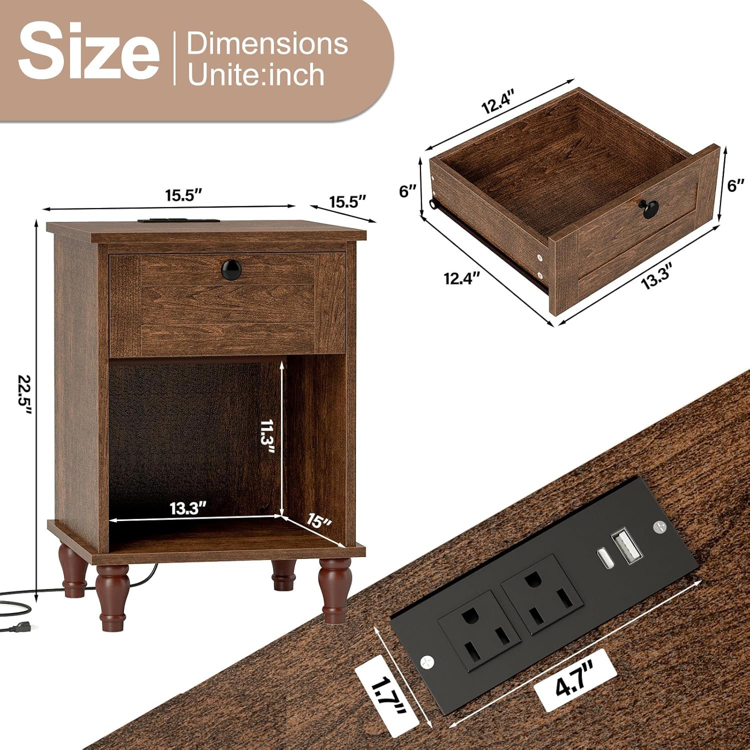 Mid-Century End Table with Drawer for Bedroom