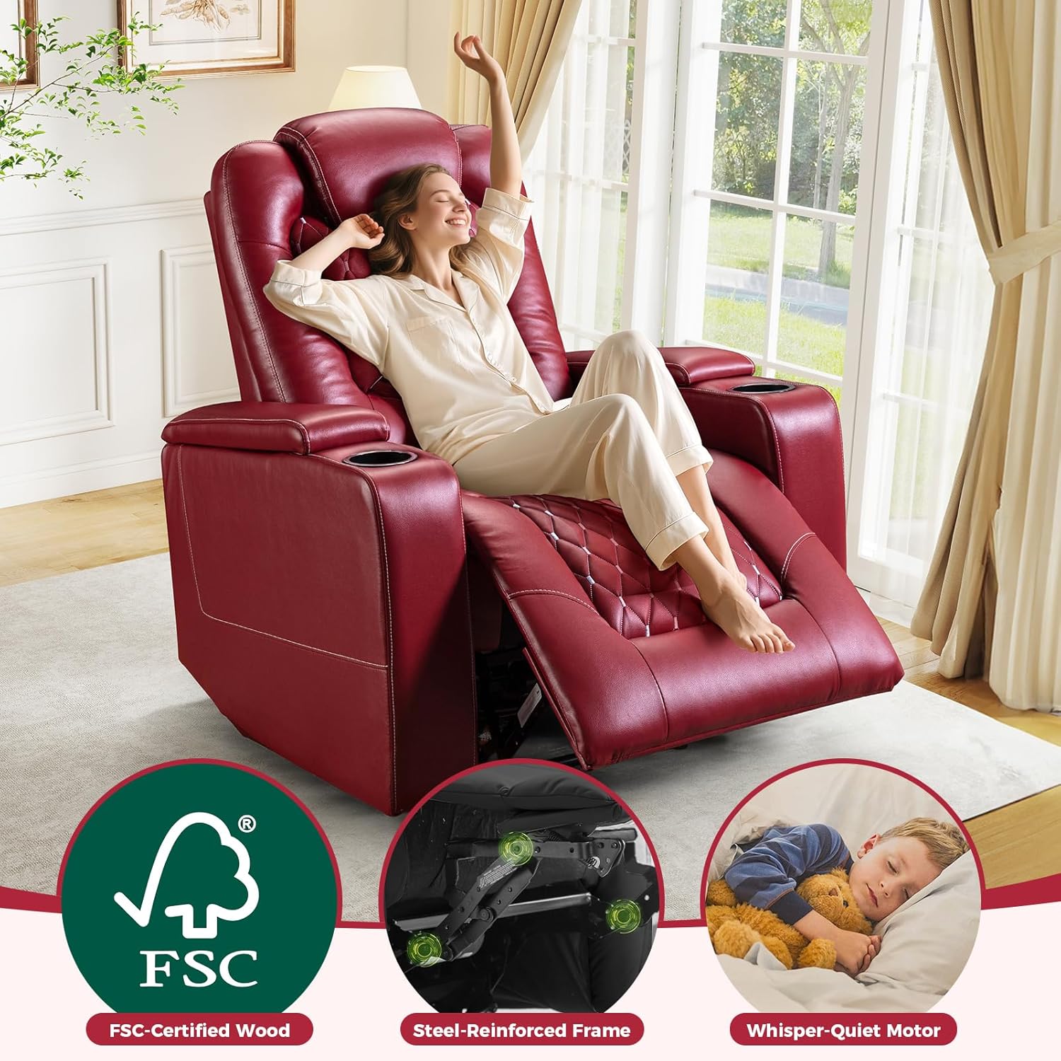 Power Recliner Chair with USB and Cup Holders for Living Room