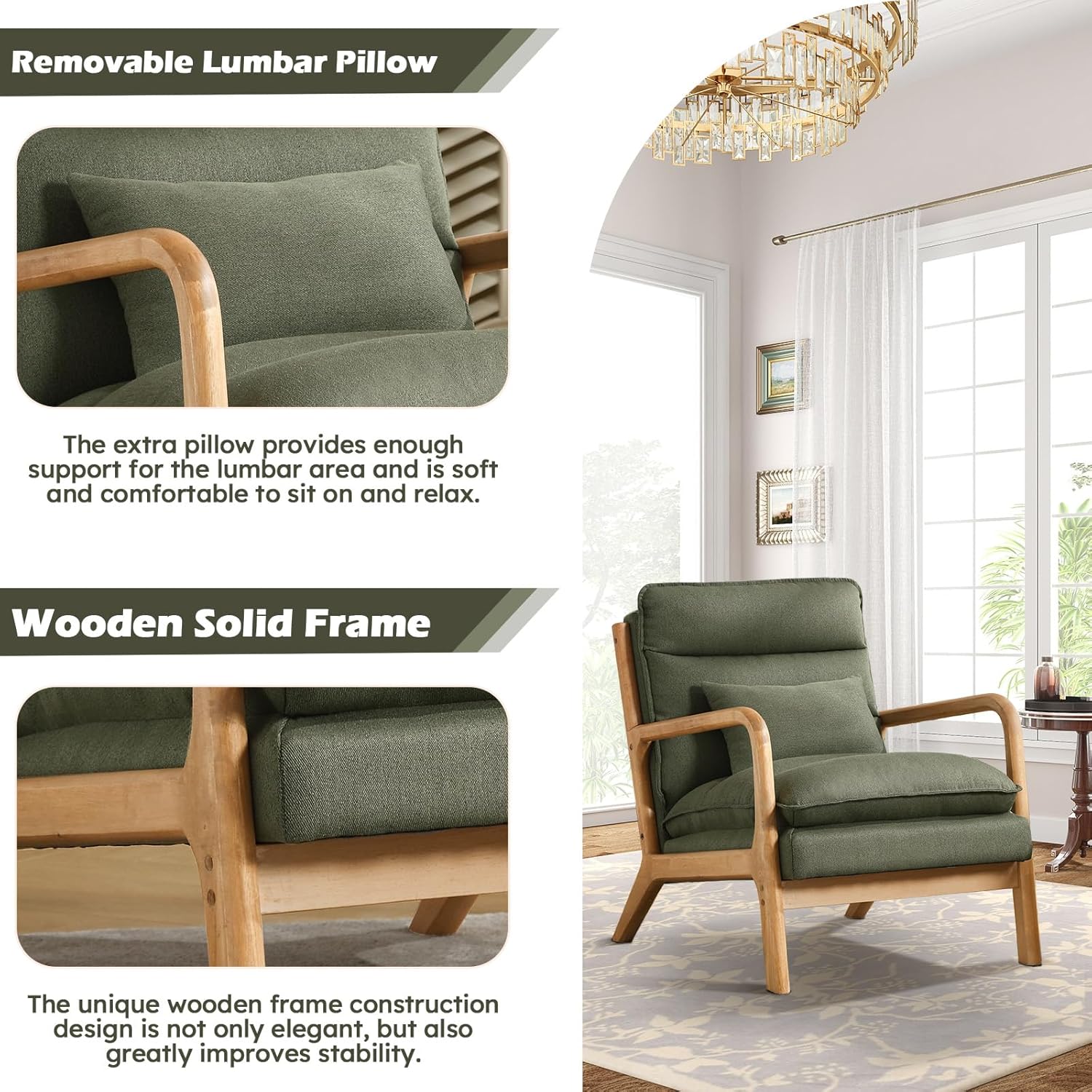 Mid-Century Linen Accent Chair with Lumbar Pillow for Living Room