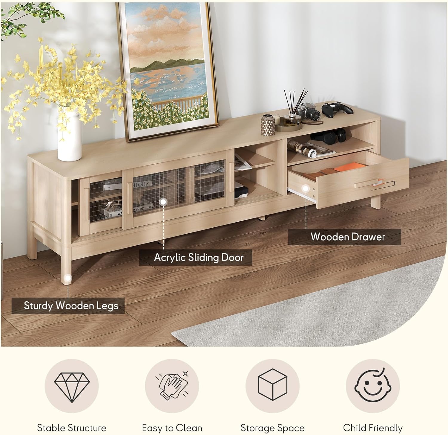 Modern TV Stand with Sliding Doors for Up to 75" TVs