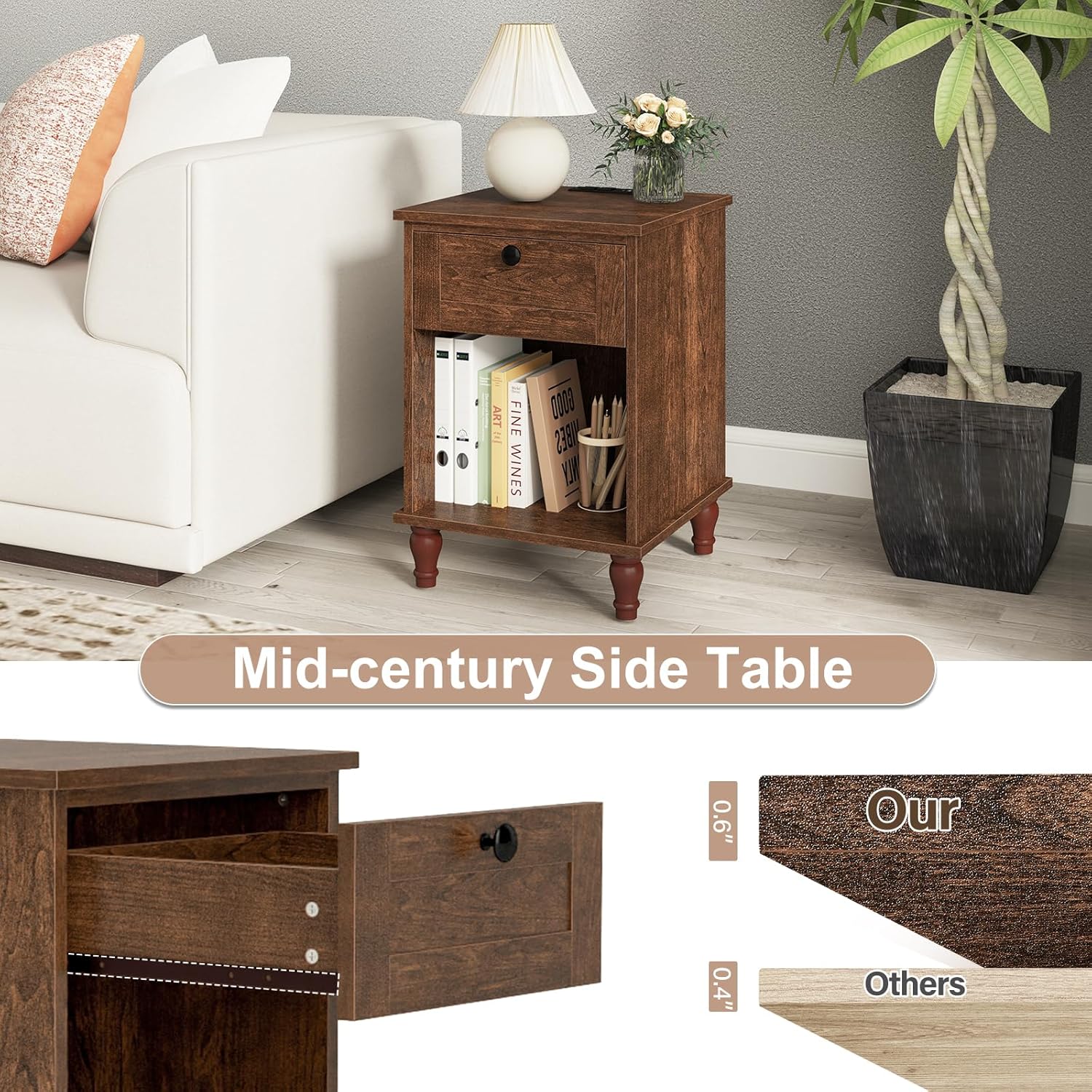 Mid-Century End Table with Drawer for Bedroom