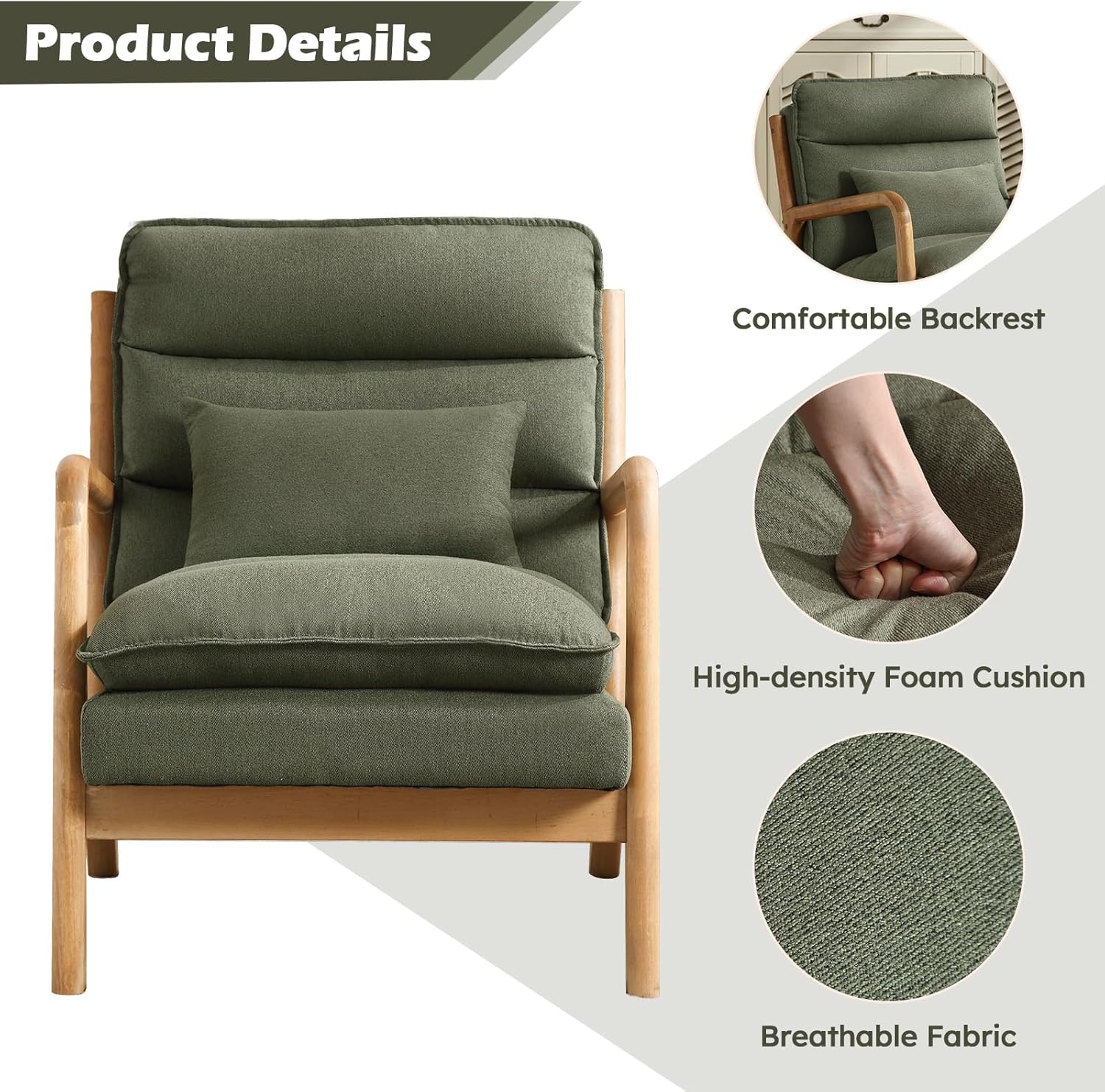 Mid-Century Linen Accent Chair with Lumbar Pillow for Living Room