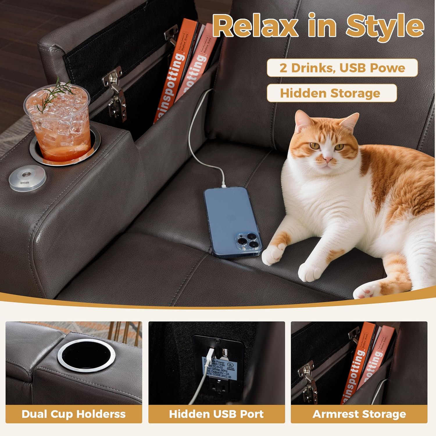 Power Recliner Chair PU Leather with USB and Cup Holders for Living Room