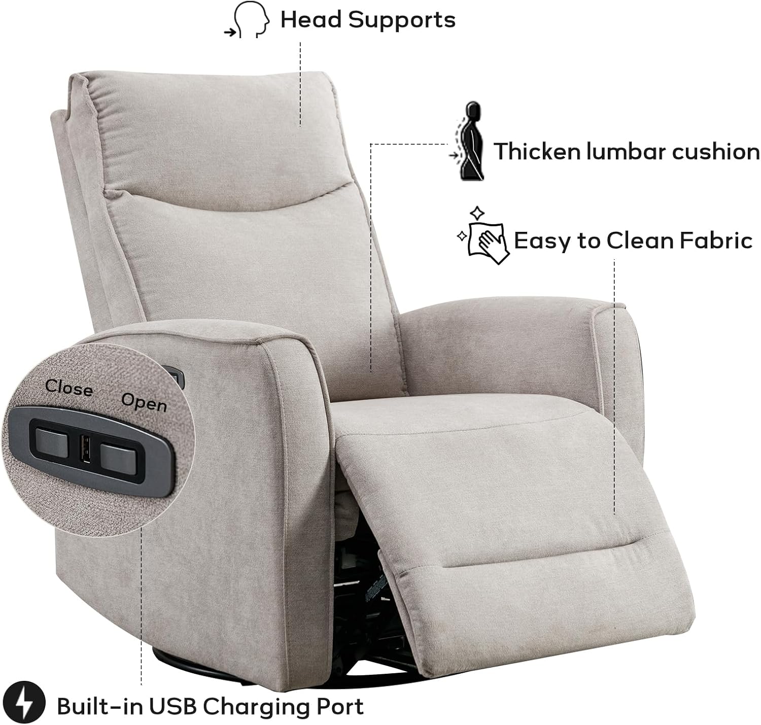 Power Swivel Recliner with Rocker and USB Port for Living Room